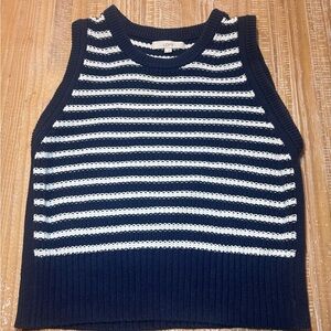 LOFT Navy and White Striped Knit Sleeveless Sweater Vest